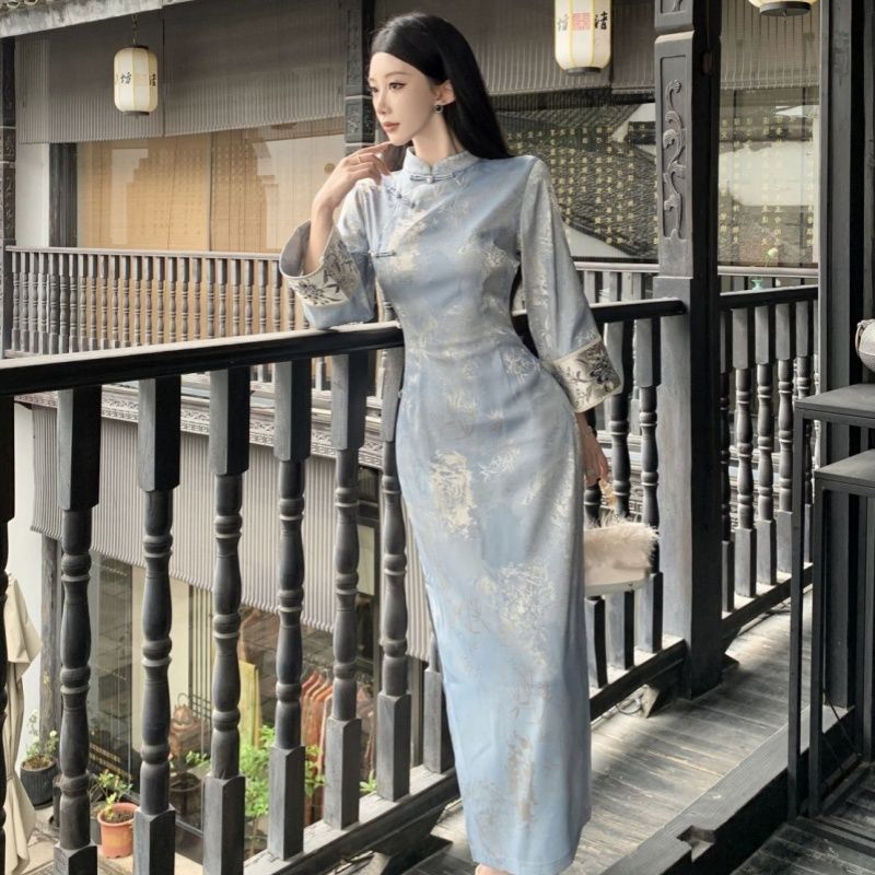 New Chinese Style Blue Embroidered Slim-Fit Modified Qipao Dress with Bamboo Leaf Print