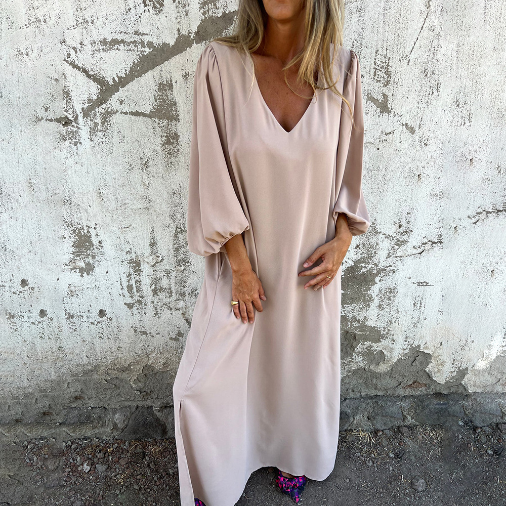 Women's Casual Loose V-Neck Solid Lantern Sleeve Midi Dress