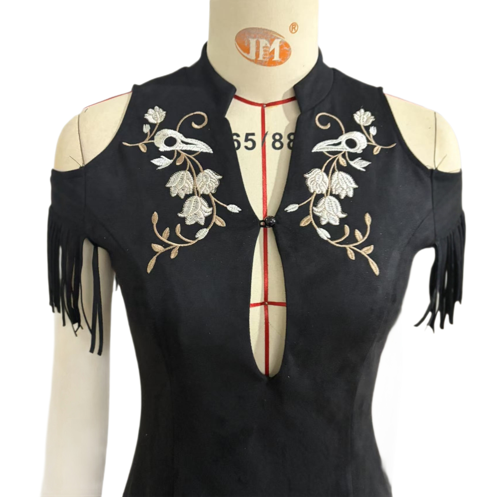Black Embroidered Fringe Bodycon Dress Off-Shoulder High-Waist