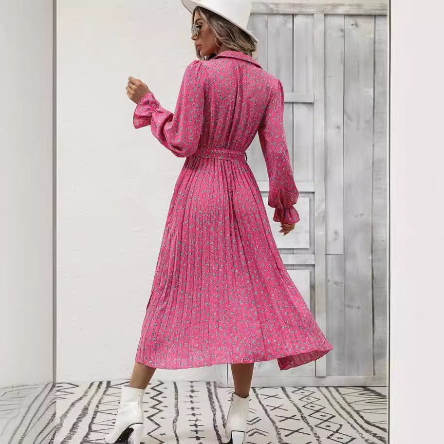 Women's Pleated Long Sleeve Tie-Waist Maxi Dress