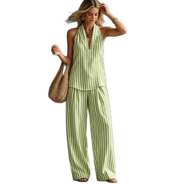 Striped Linen V-Neck Sleeveless Top & Wide-Leg Pants Set