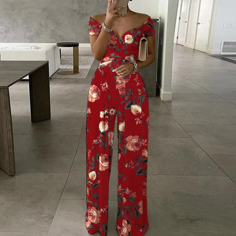 Women's Solid V-Neck Slim Waist Wide-Leg Jumpsuit
