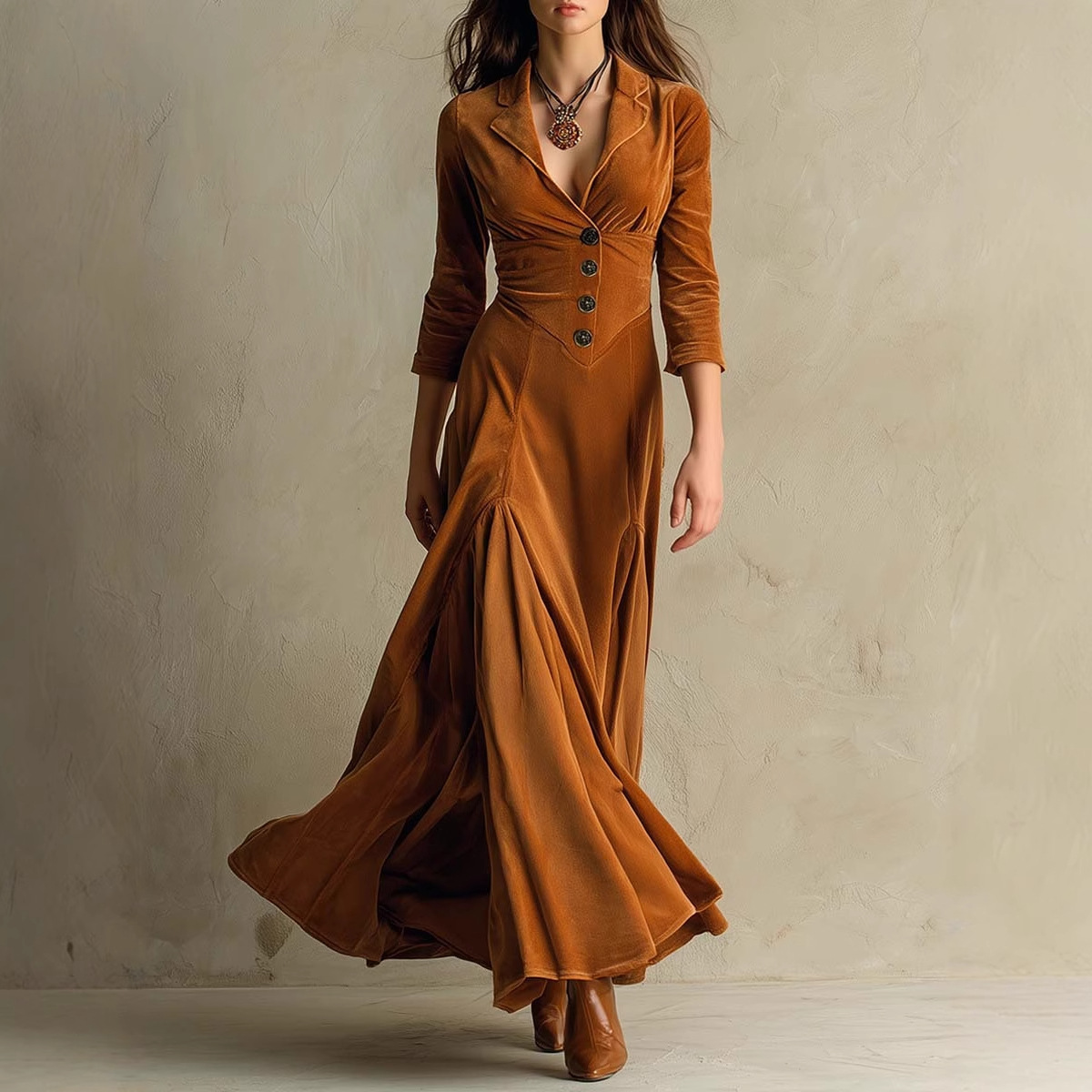Solid Button Lapel Three-Quarter Sleeve Long Dress with Cinched Waist