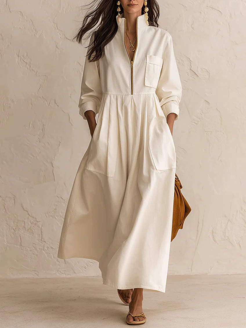 Gold Half-Zip Stand Collar Dress with Pockets Loose Pleated Maxi Long Sleeve
