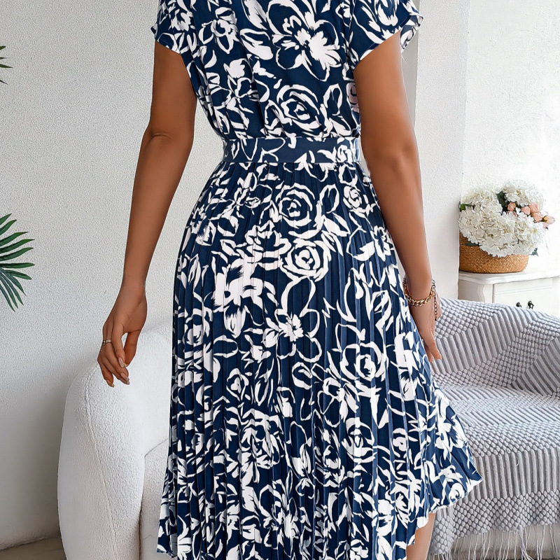 Women's Floral Tie-Waist Pleated Short-Sleeve Dress