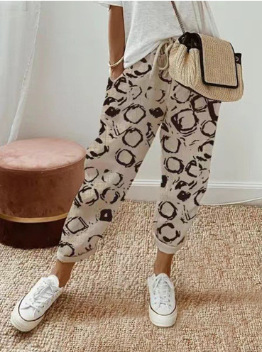Women's Cotton-Linen Elastic Waist Cropped Pants Casual