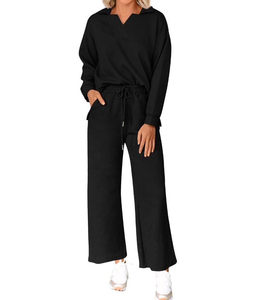 Solid Textured Long-Sleeve Hoodie and Pants Two-Piece Set