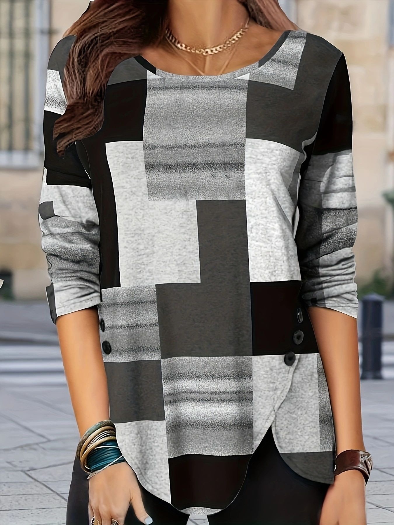 Plaid Crewneck Pullover Long Sleeve Knit Top