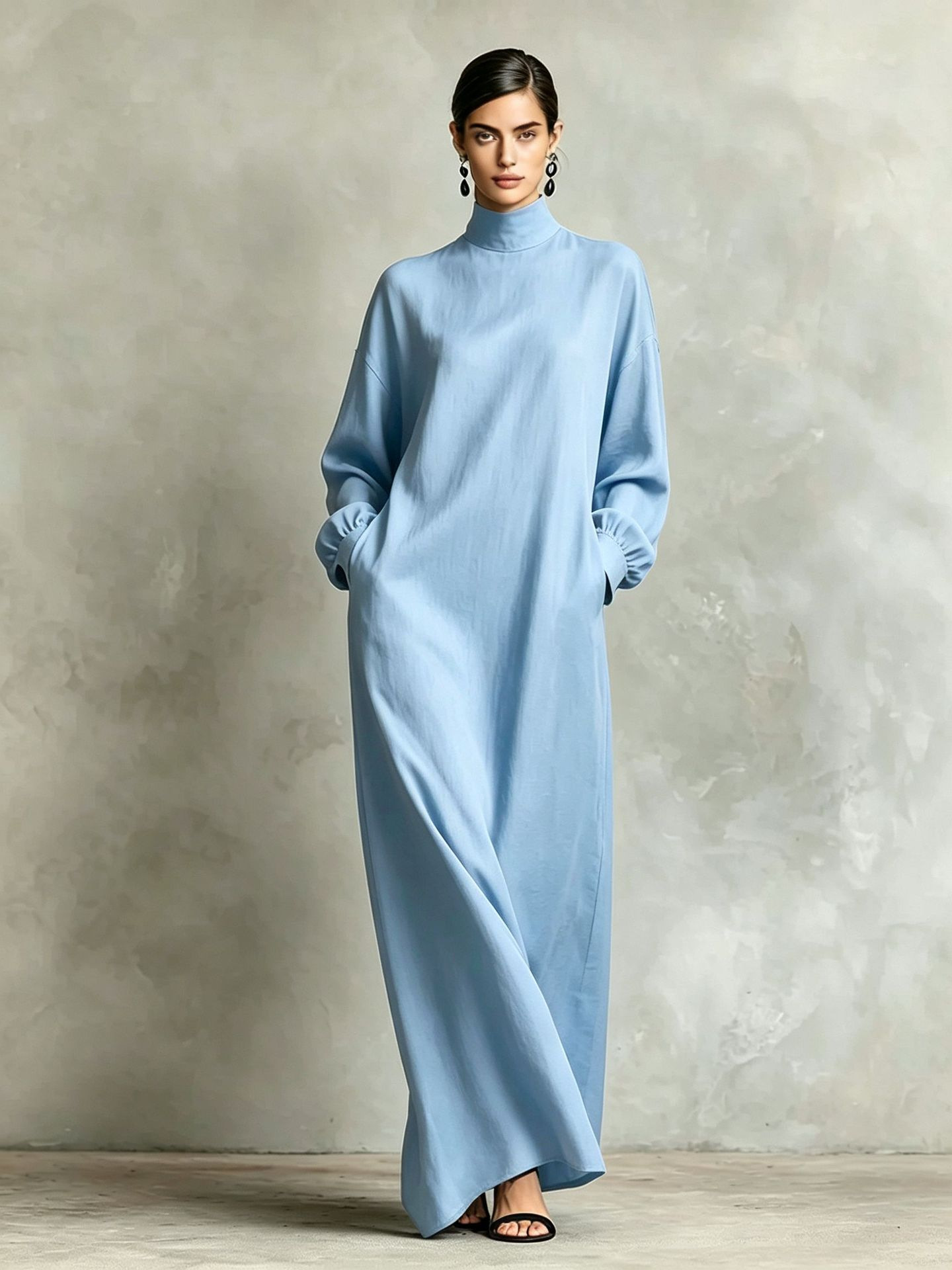 Women's Solid High Neck Loose Casual A-Line Long Dress