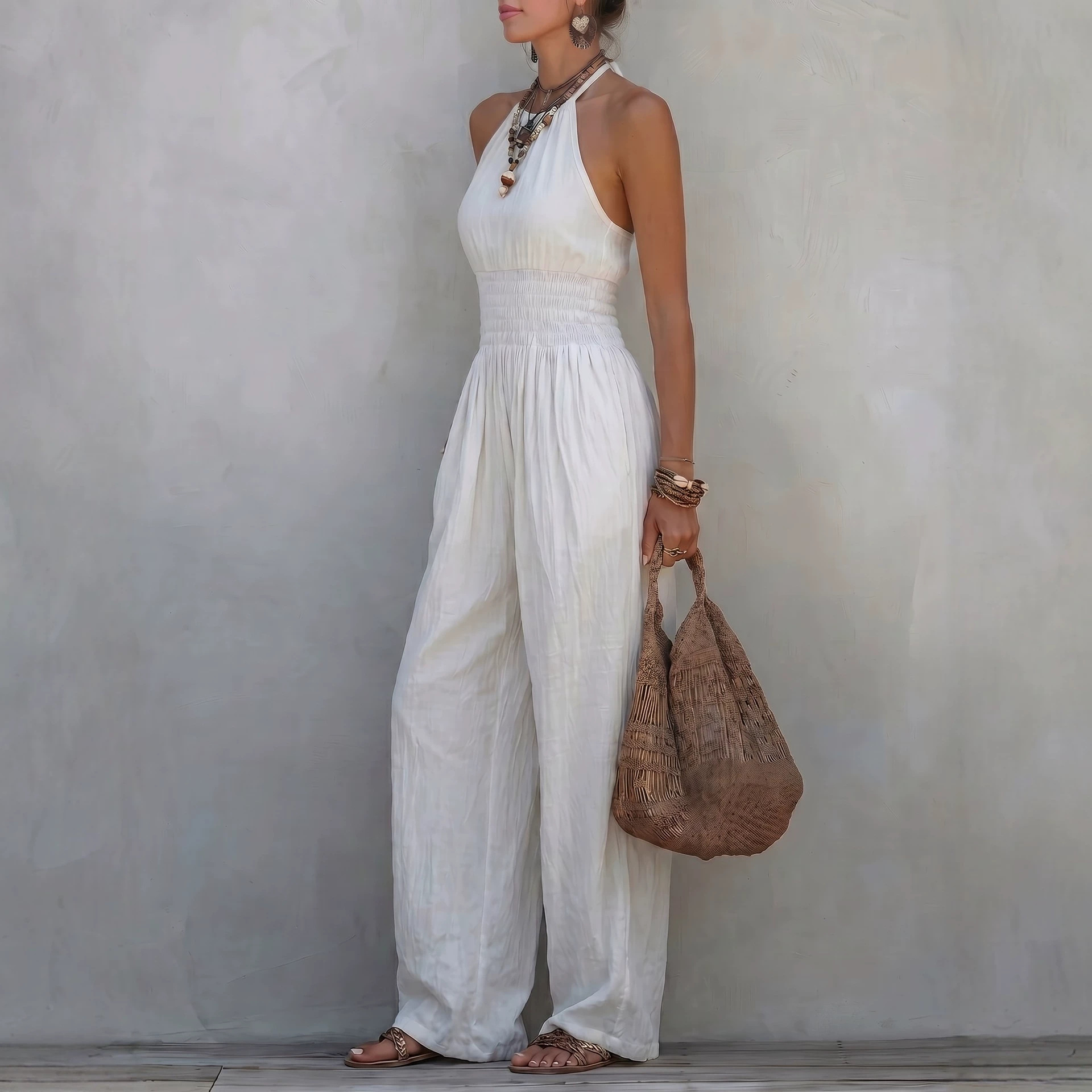 Bohemian Sleeveless Halter Wide-Leg Jumpsuit