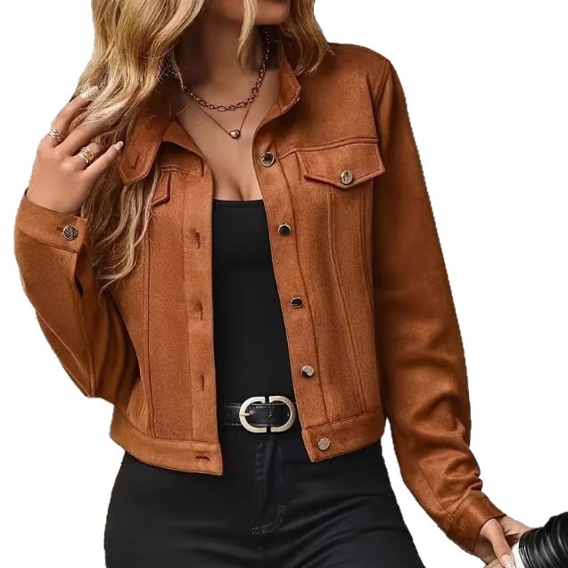 Suede Women's Cropped Jacket Solid Color Casual Stand Collar Coat