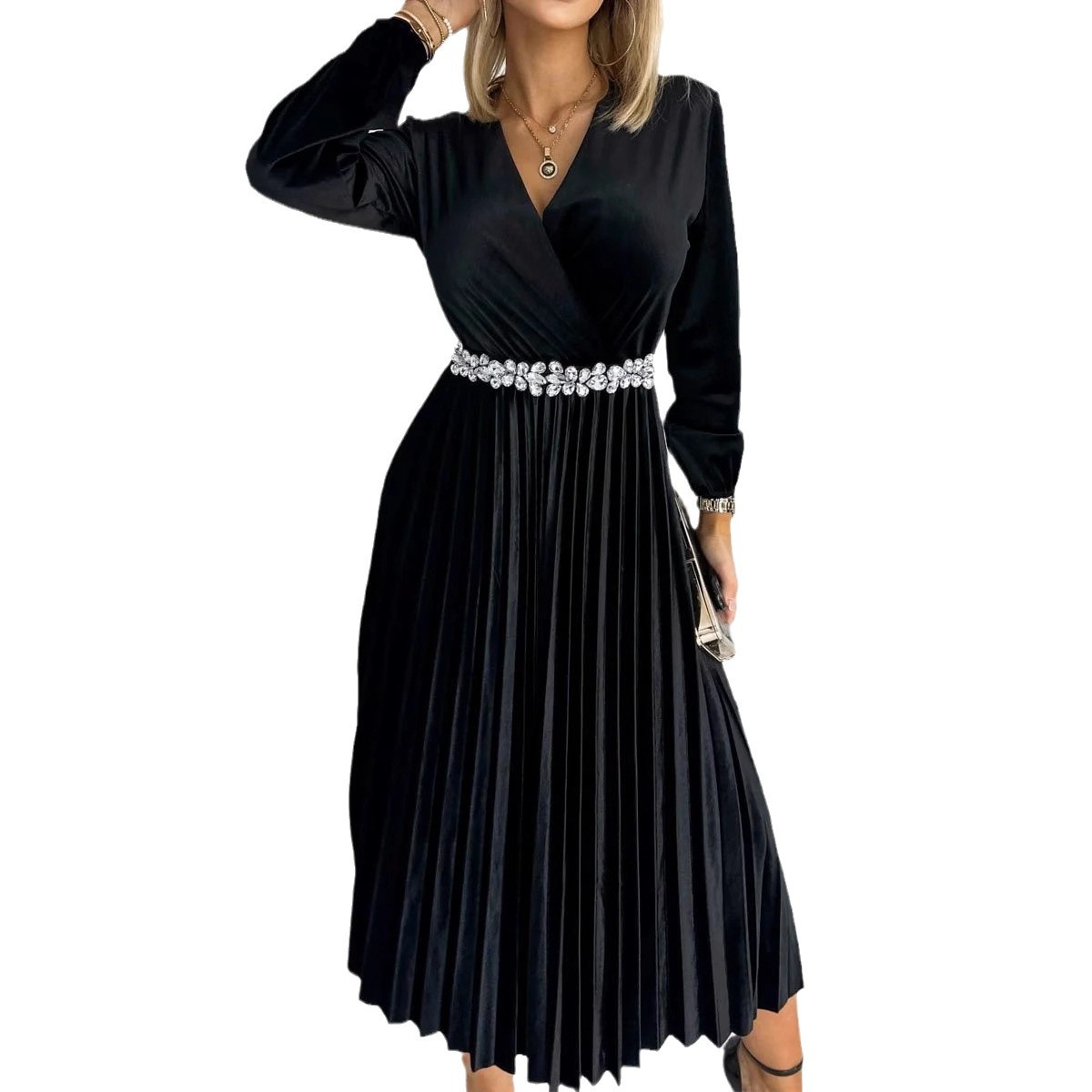 Solid V-Neck Velvet Pleated A-Line Midi Dress