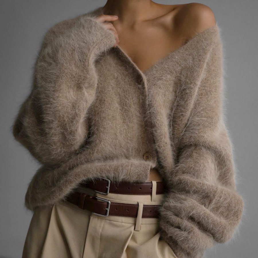 Faux Mink V-Neck Knit Cardigan Women Loose Solid Button-Up Sweater