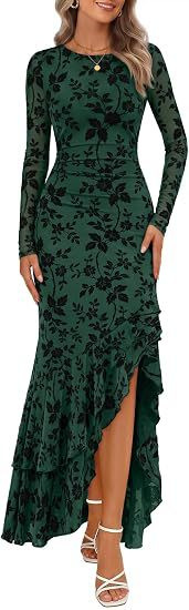 Slim-Fit Long-Sleeve Crewneck High-Waist Maxi Dress with Side Slit and Asymmetric Hem