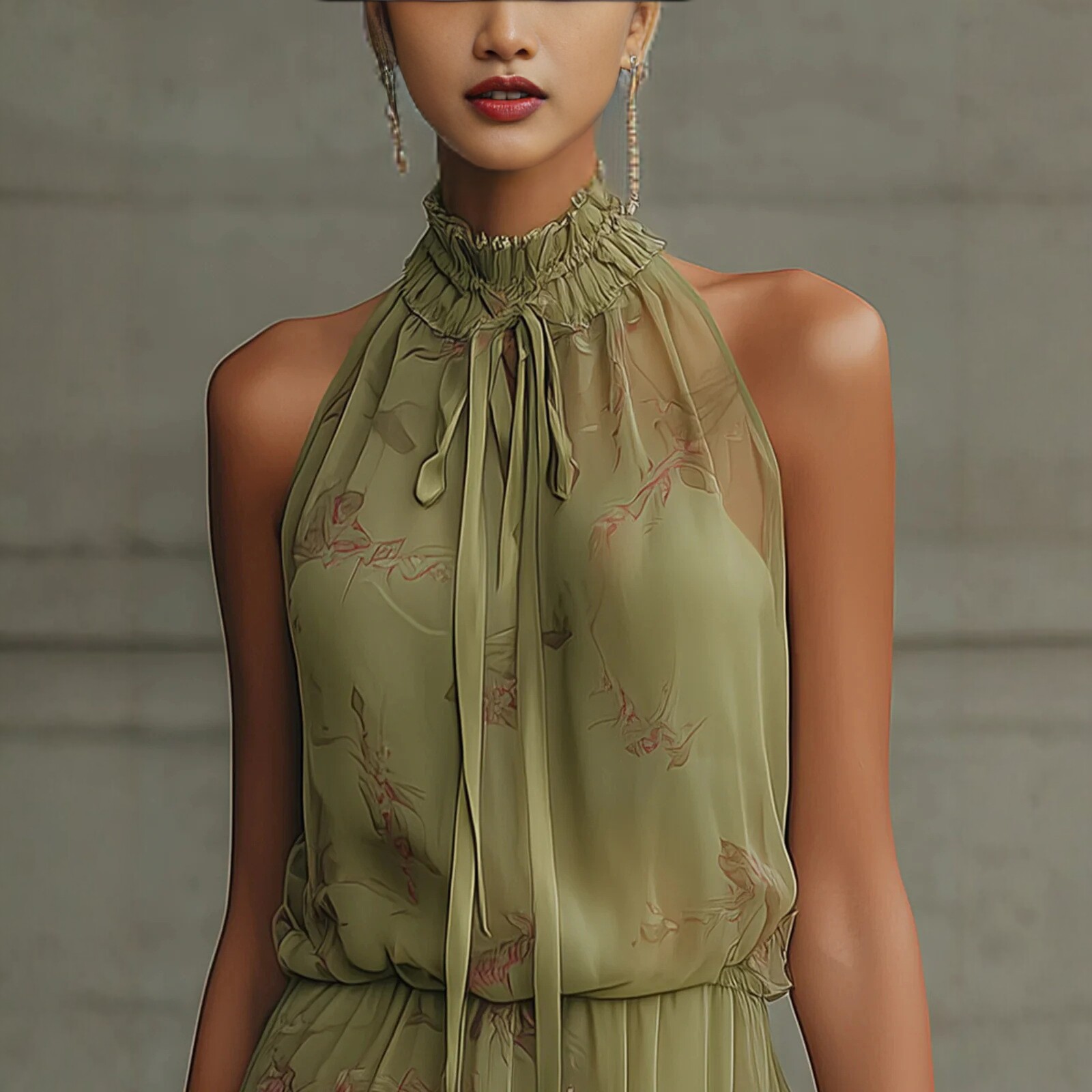 V-Neck Waist-Cinching Ruffle Midi Dress
