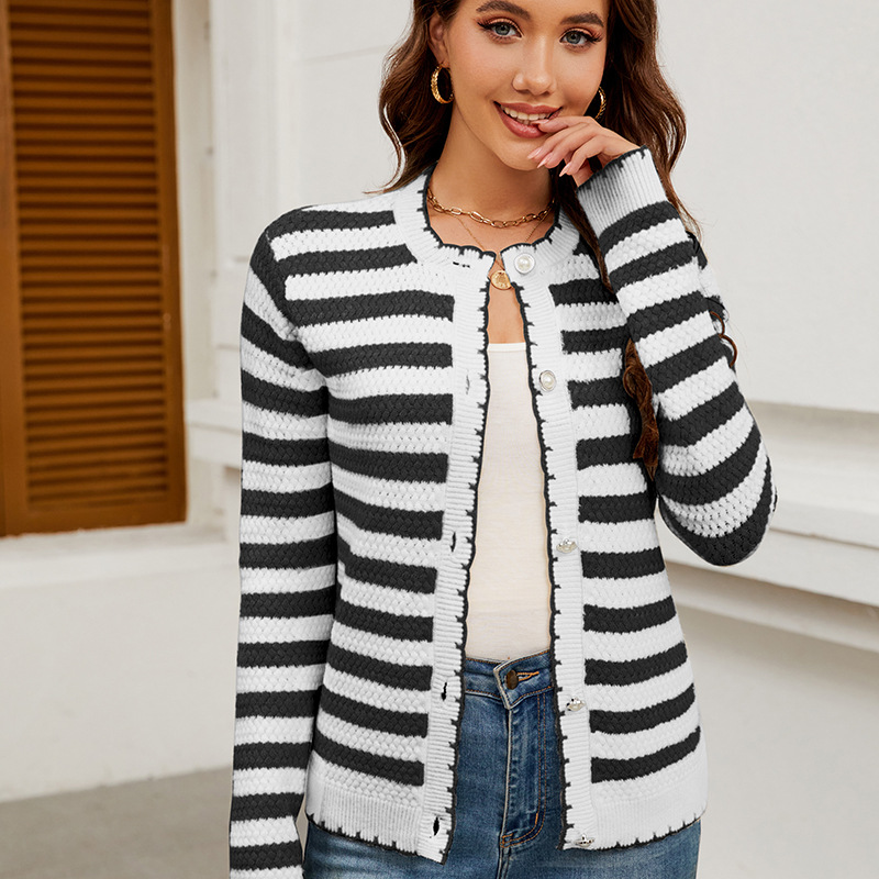 Women's Striped Button-Up Knit Cardigan Sweater