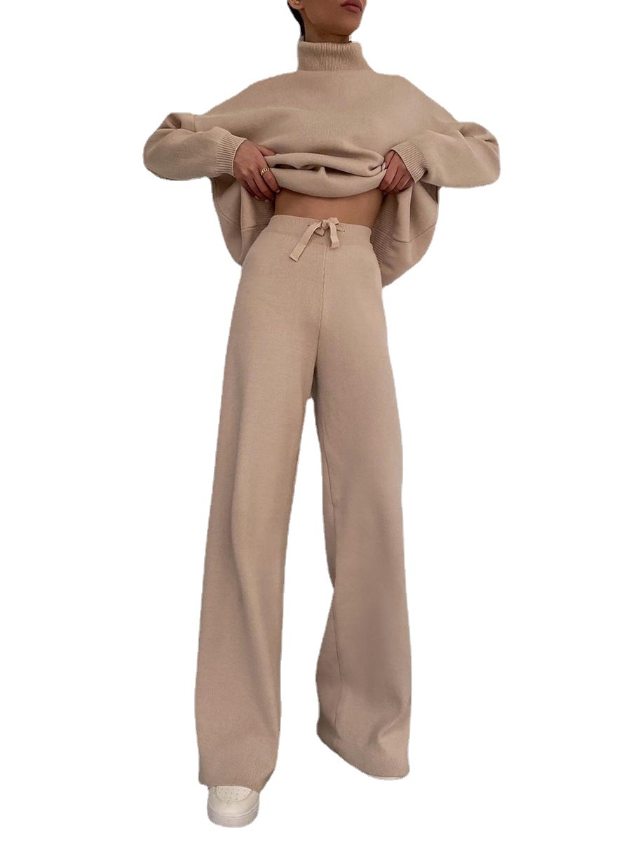 Women's Long Sleeve Wide Leg Pants Set High Neck Loose Casual Two Piece