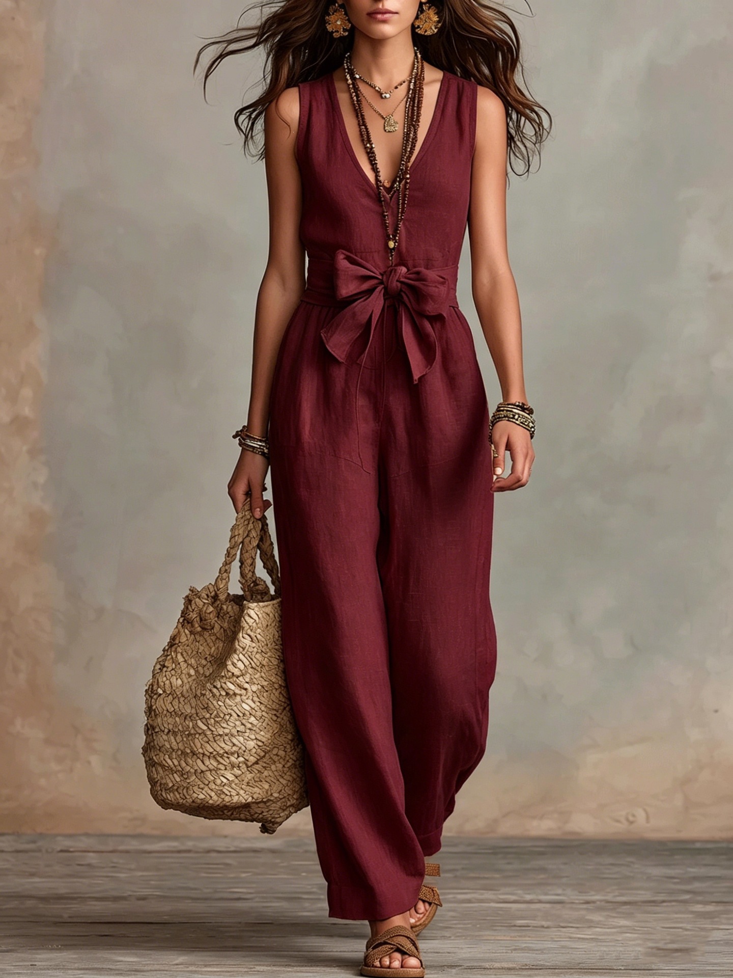 V-Neck Sleeveless Wide-Leg Jumpsuit with Bow Waist