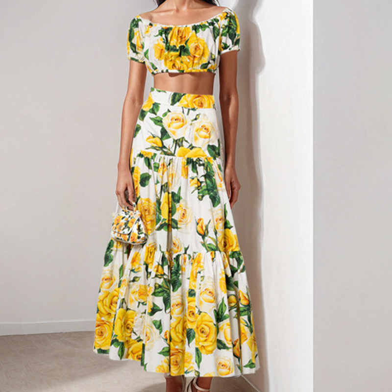 Women's Botanical Print Two-Piece Skirt Set Long Sleeve
