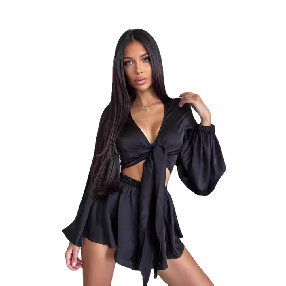 Women's French Lace-Up Long Sleeve Top and Shorts Set
