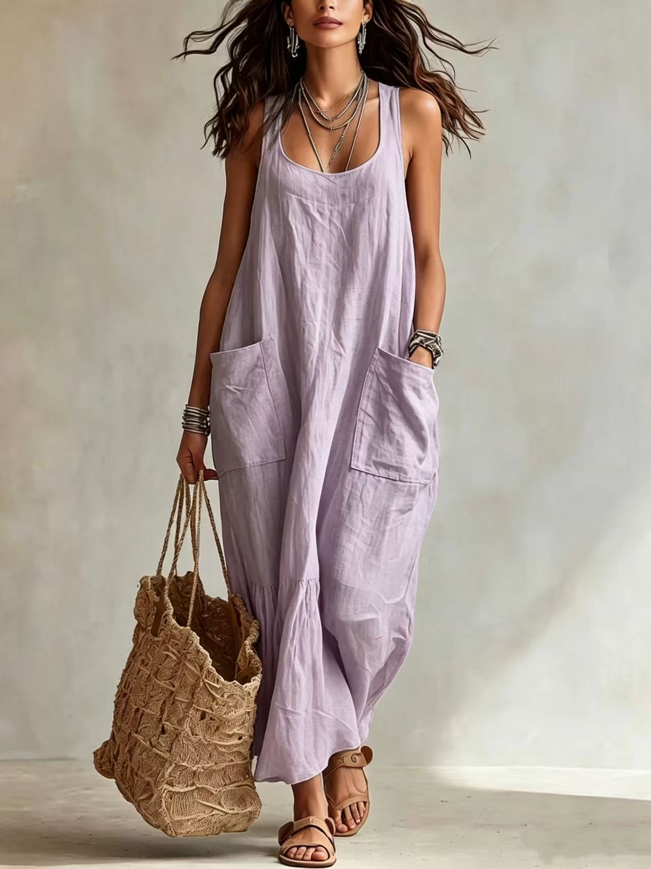 Women's Sleeveless A-Line Maxi Dress with Pockets
