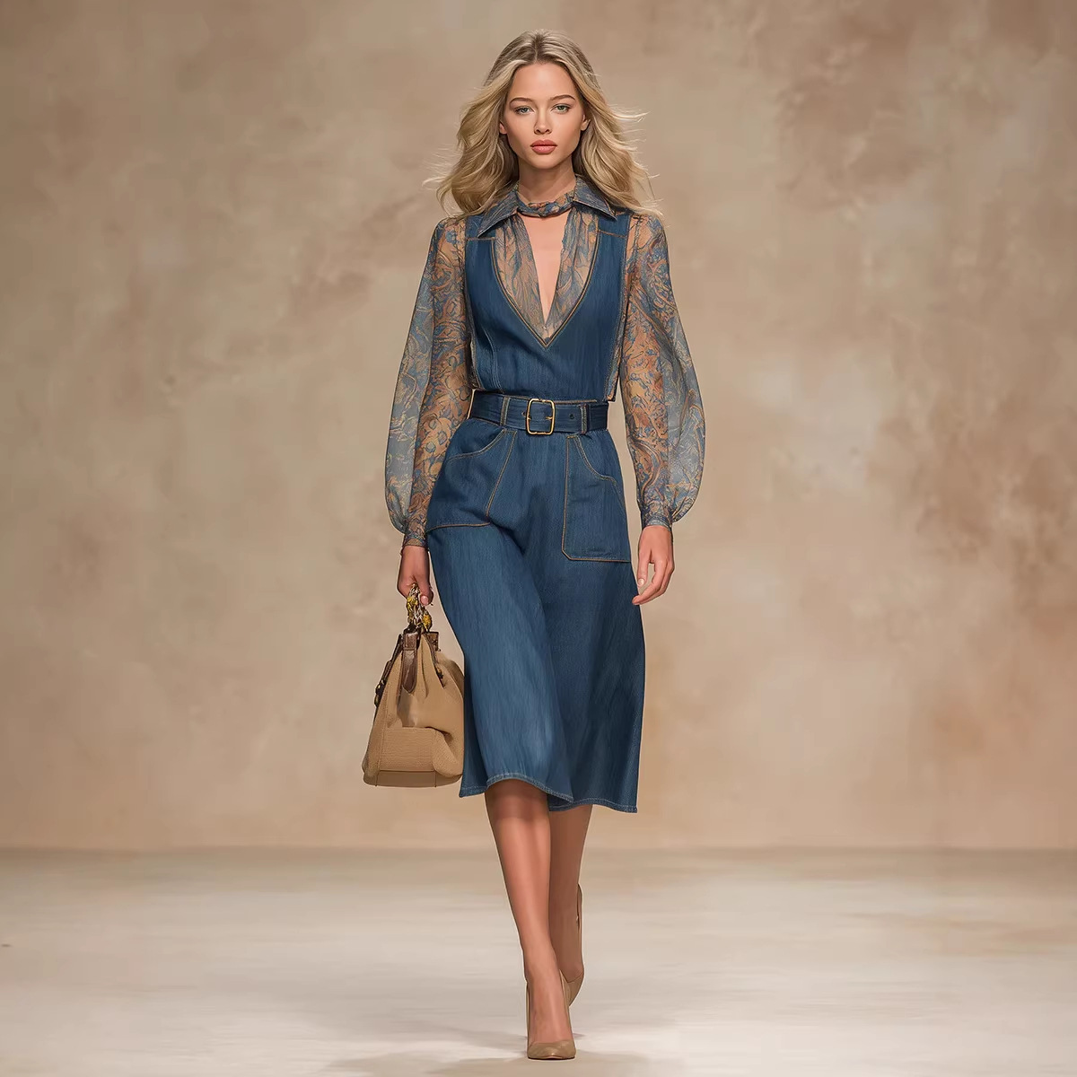 Blue Denim Overall Dress High Waist Wide Leg Jumpsuit with Pockets