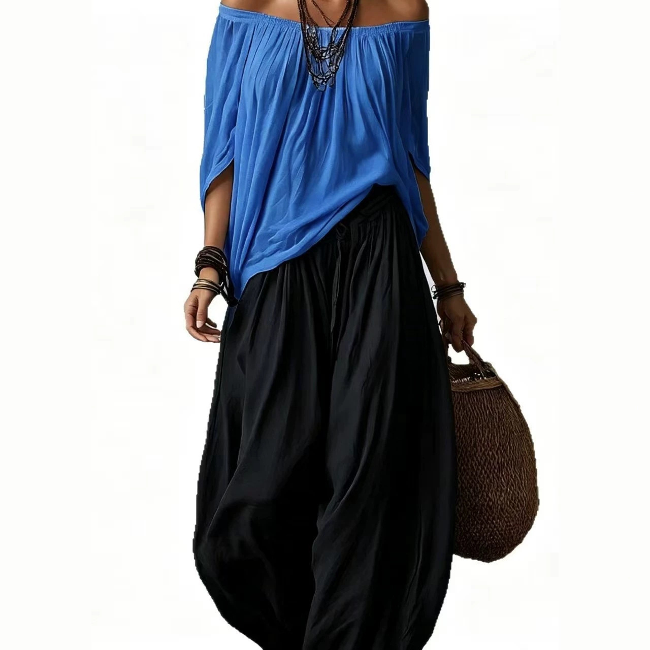 Boho Off-Shoulder Top and Lantern Pants Set