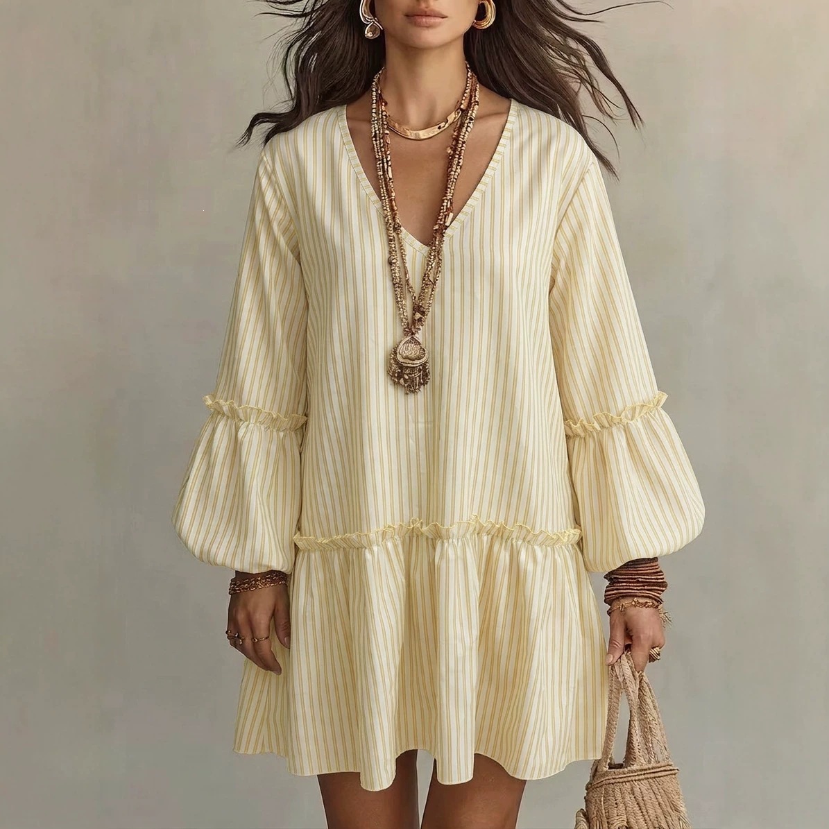 Women's Striped Print V-Neck Lantern Sleeve Loose Short Dress