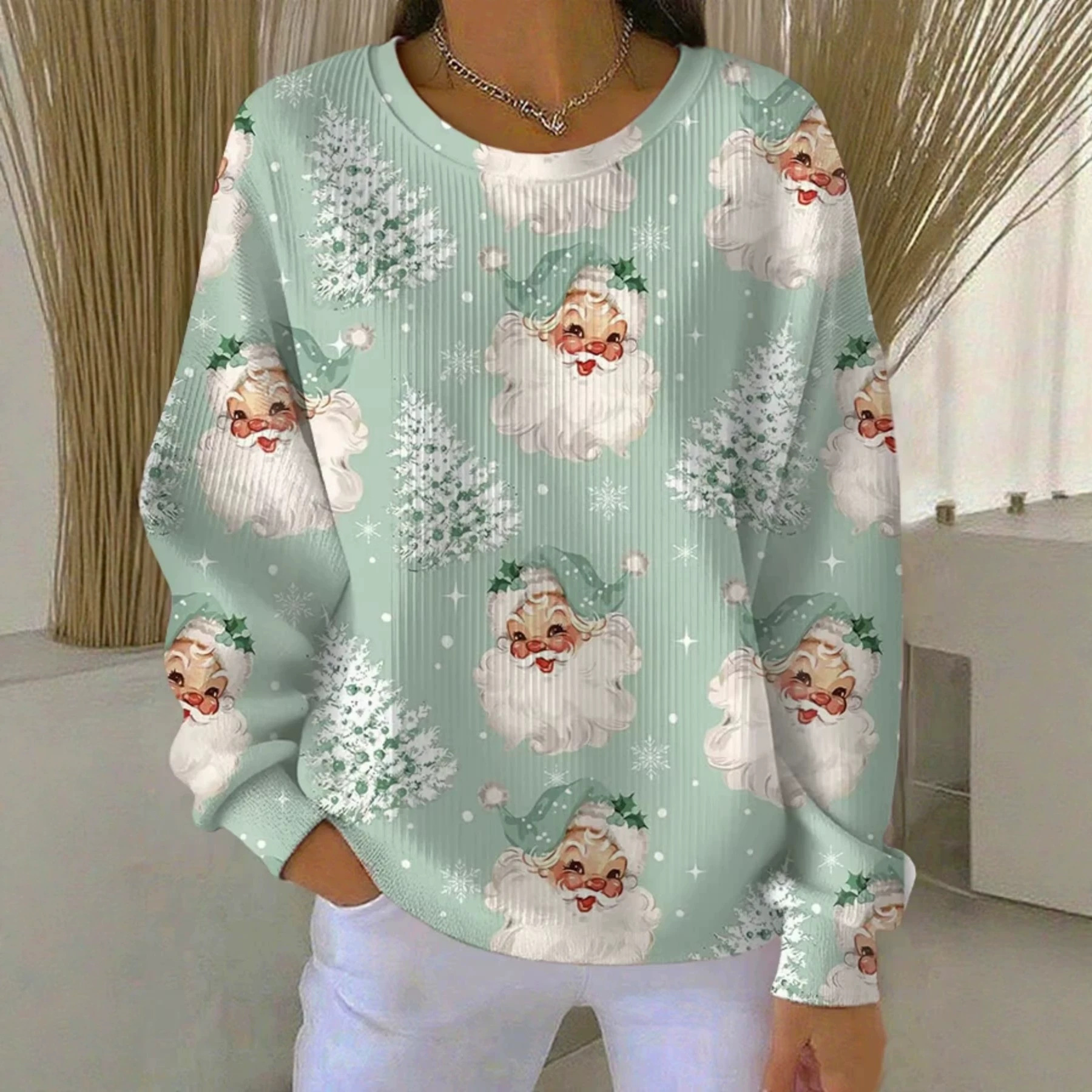 Women's Christmas Santa & Tree Print Crewneck Sweatshirt
