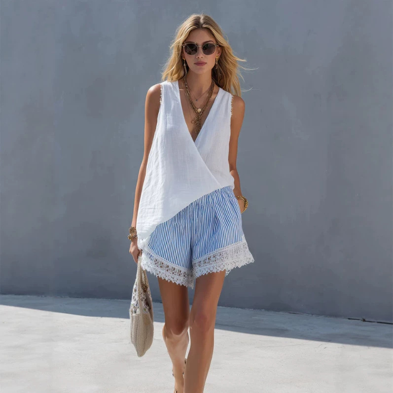 Women's White Sleeveless Top and Blue Striped Shorts Set