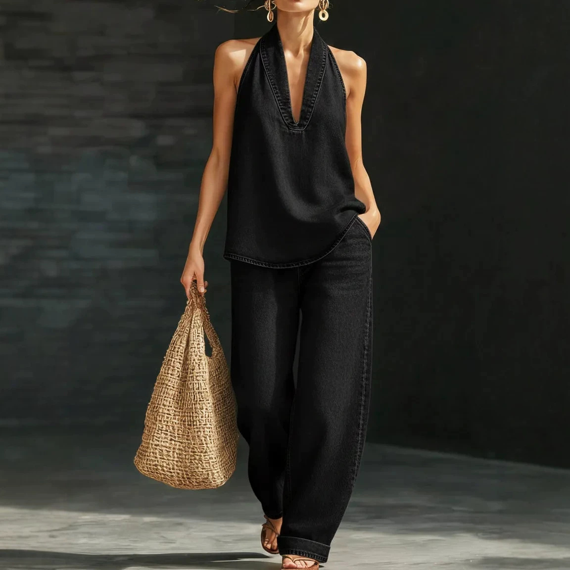 Women's Retro Button-Down Denim Top & Wide-Leg Jeans Set