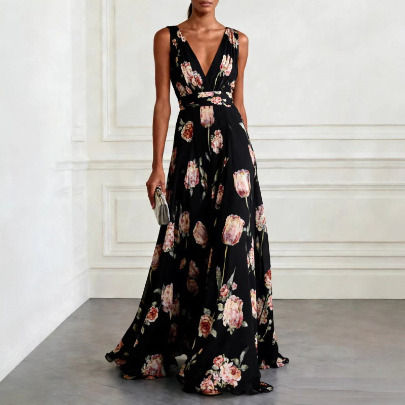 Blue Tulip Print Sleeveless V-Neck Maxi Dress