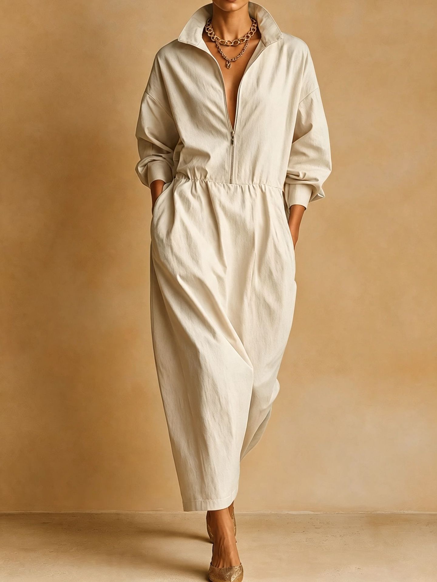 Women's Stand Collar Loose Pocket Midi Dress