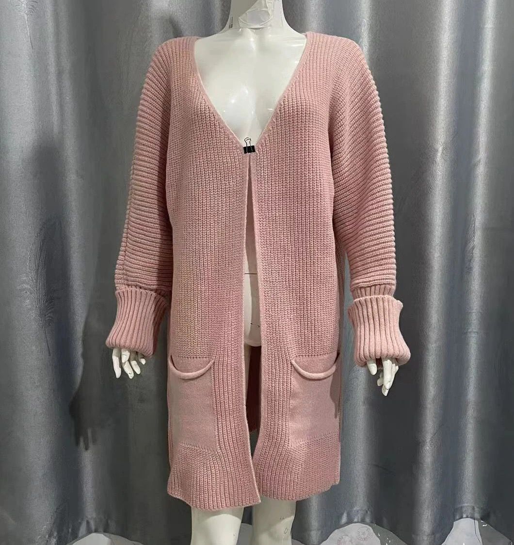 Solid Color Loose Knit Cardigan with Batwing Sleeves, Mid-Length