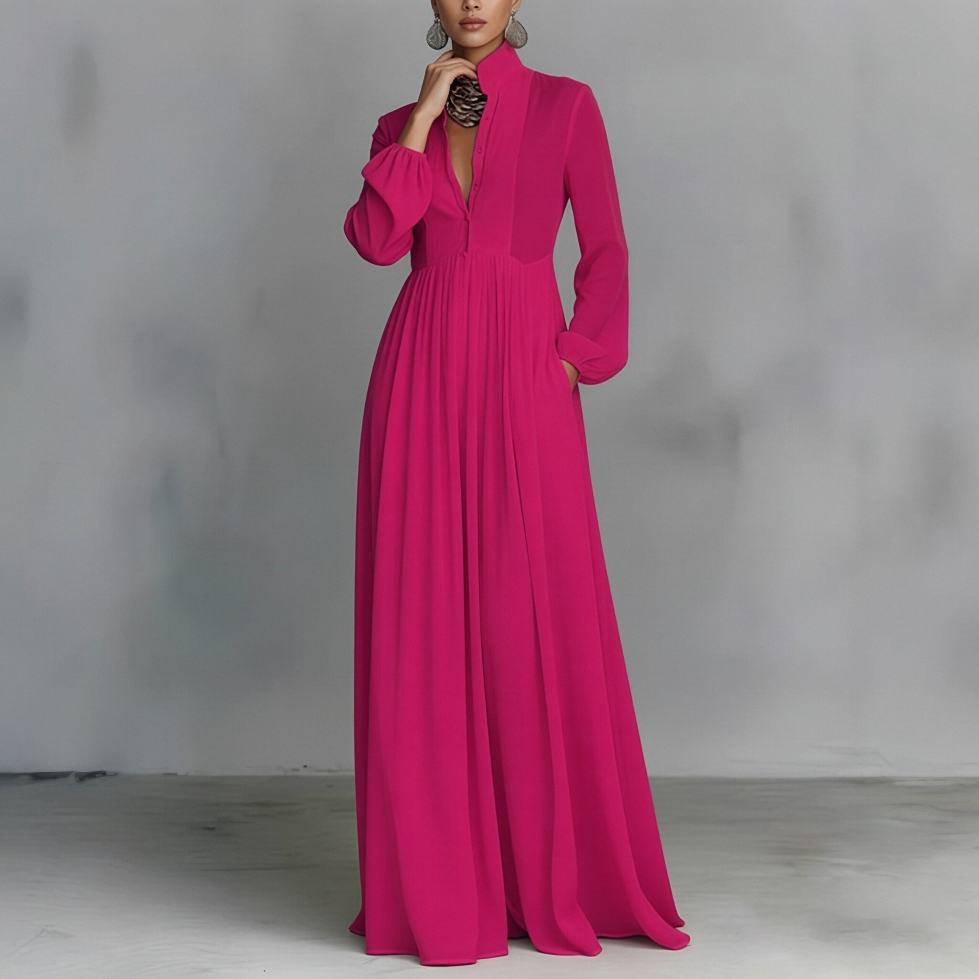 Women's Slim Fit V-Neck Colorblock Long Dress