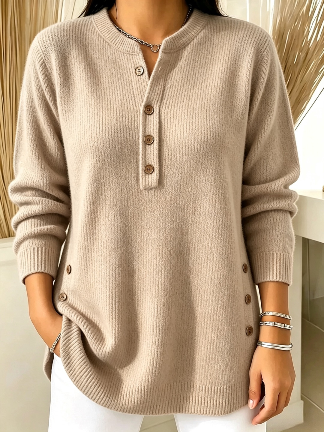 Women's V-Neck Button Knit Sweater Solid Color Loose Fit Top