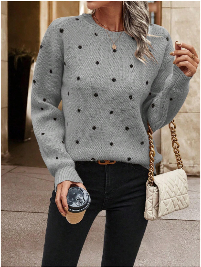 Polka Dot Jacquard Knit Pullover Sweater with Round Neck and Long Sleeves