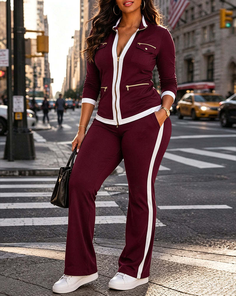 Women's Two-Piece Set Zip-Up Stand Collar Top and High-Waist Straight-Leg Pants