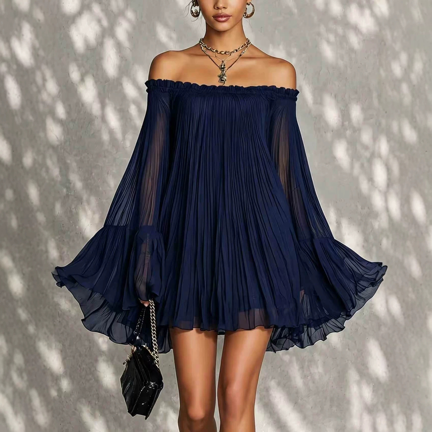 Off-Shoulder Pleated Dress Women's Flowy Midi Skirt