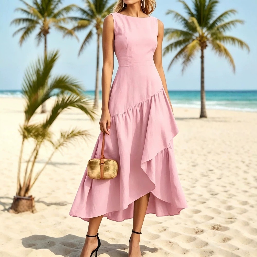 Mesh Panel Sleeveless Long Dress with Cinched Waist