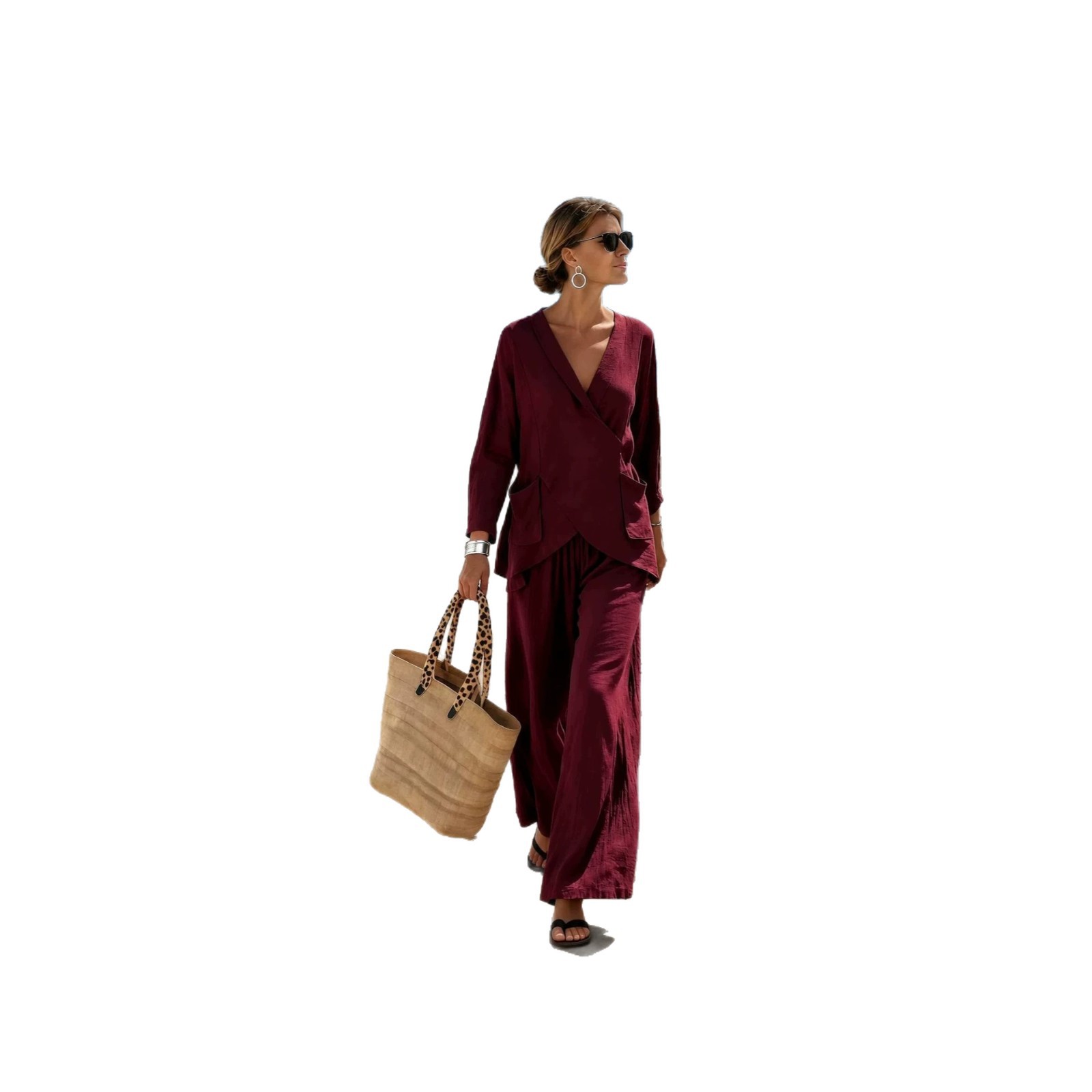 V-Neck Asymmetric Long Sleeve Casual Vacation Pant Set