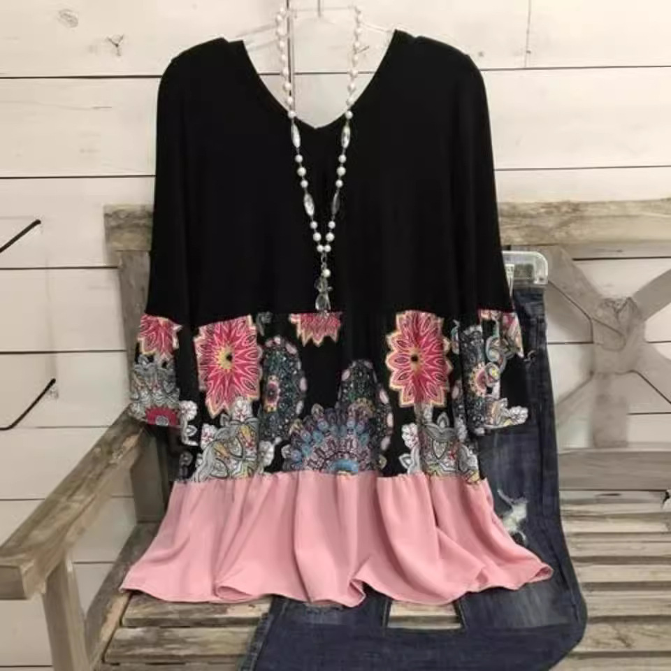 Plus Size V-Neck Floral Print Midi Dress Long Sleeve