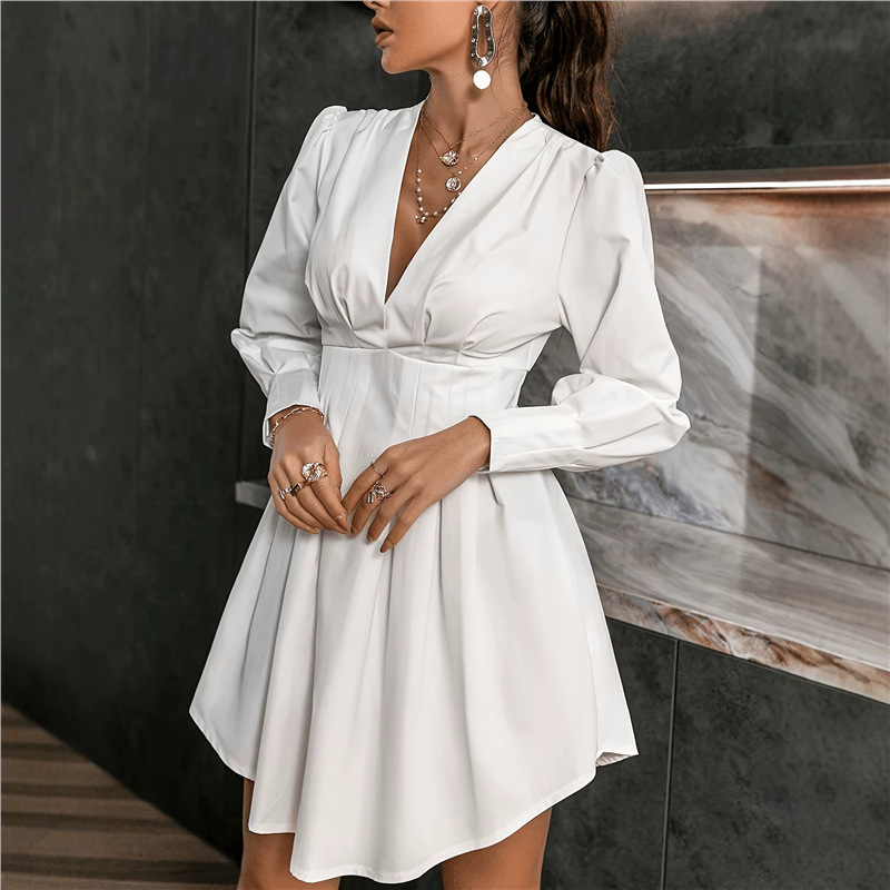 Elegant Ruched Waist Puff Sleeve V-Neck Shirt Dress