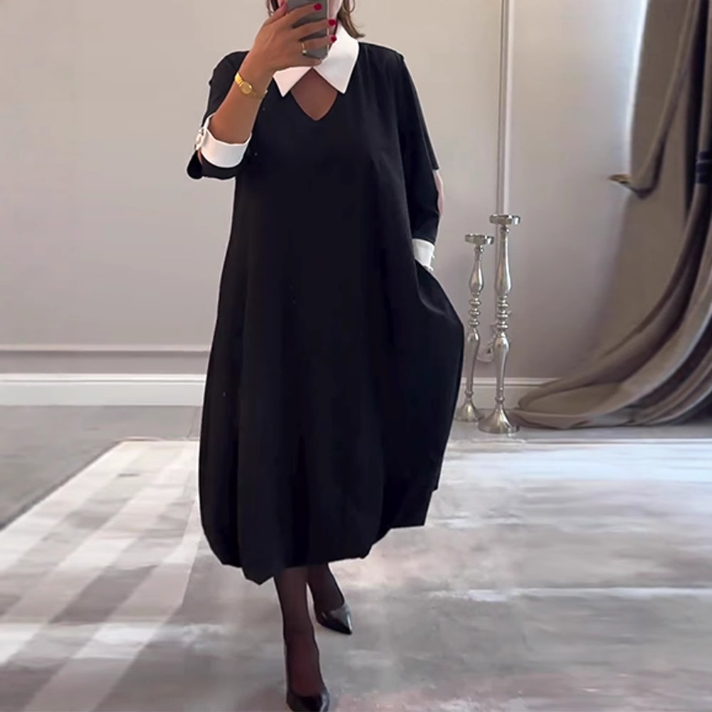 Women's Long Sleeve Loose Pocket Patchwork Dress with Collar