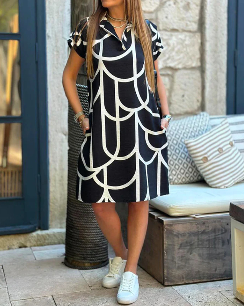 Women's Printed V-Neck Short Sleeve Dress with Pockets