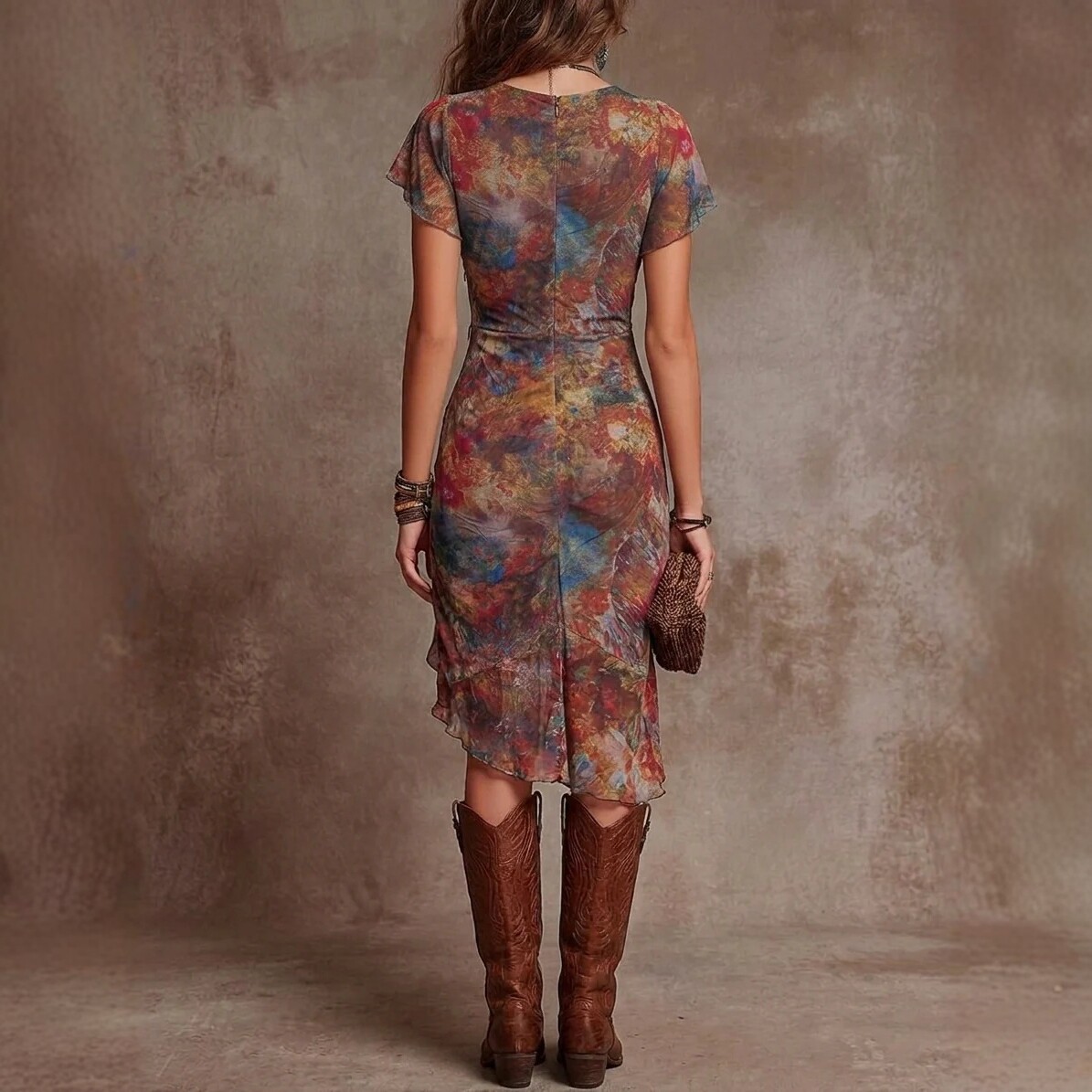 Printed V-Neck Waist-Cinching Midi Dress