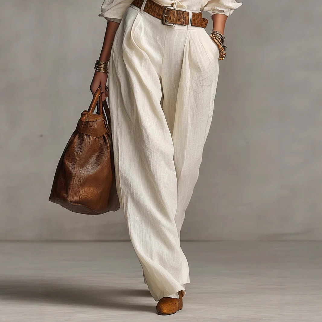 Women's Cotton-Linen Long-Sleeve Button Shirt Jumpsuit with Pockets