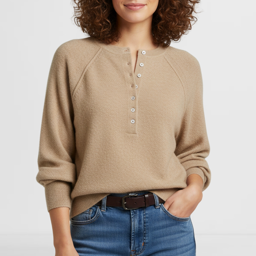 Women's Casual Crewneck Button-Front Knit Henley Sweater