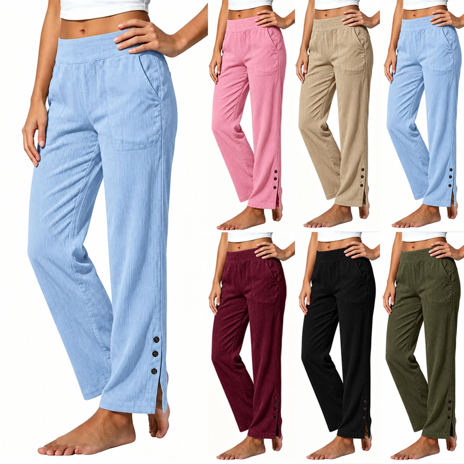 2026 European & American Cross-Border Women's Corduroy Casual Straight-Leg Pants High-Waist Loose Side-Pocket Slit Button Trousers for Women