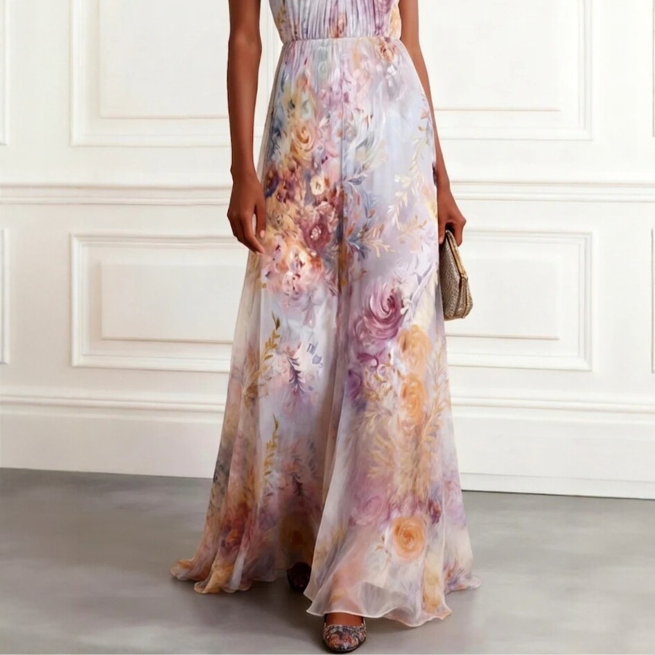 Printed Pleated High Neck Sleeveless Long Dress